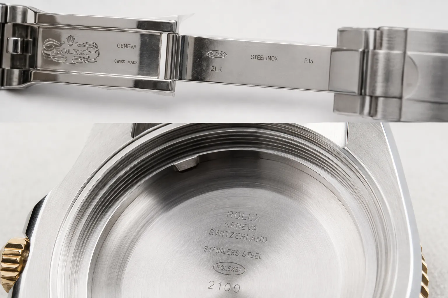 クラスプ中留のROLEXSA・STEELINOX深彫り刻印と裏蓋内側の同心円ツールマーク