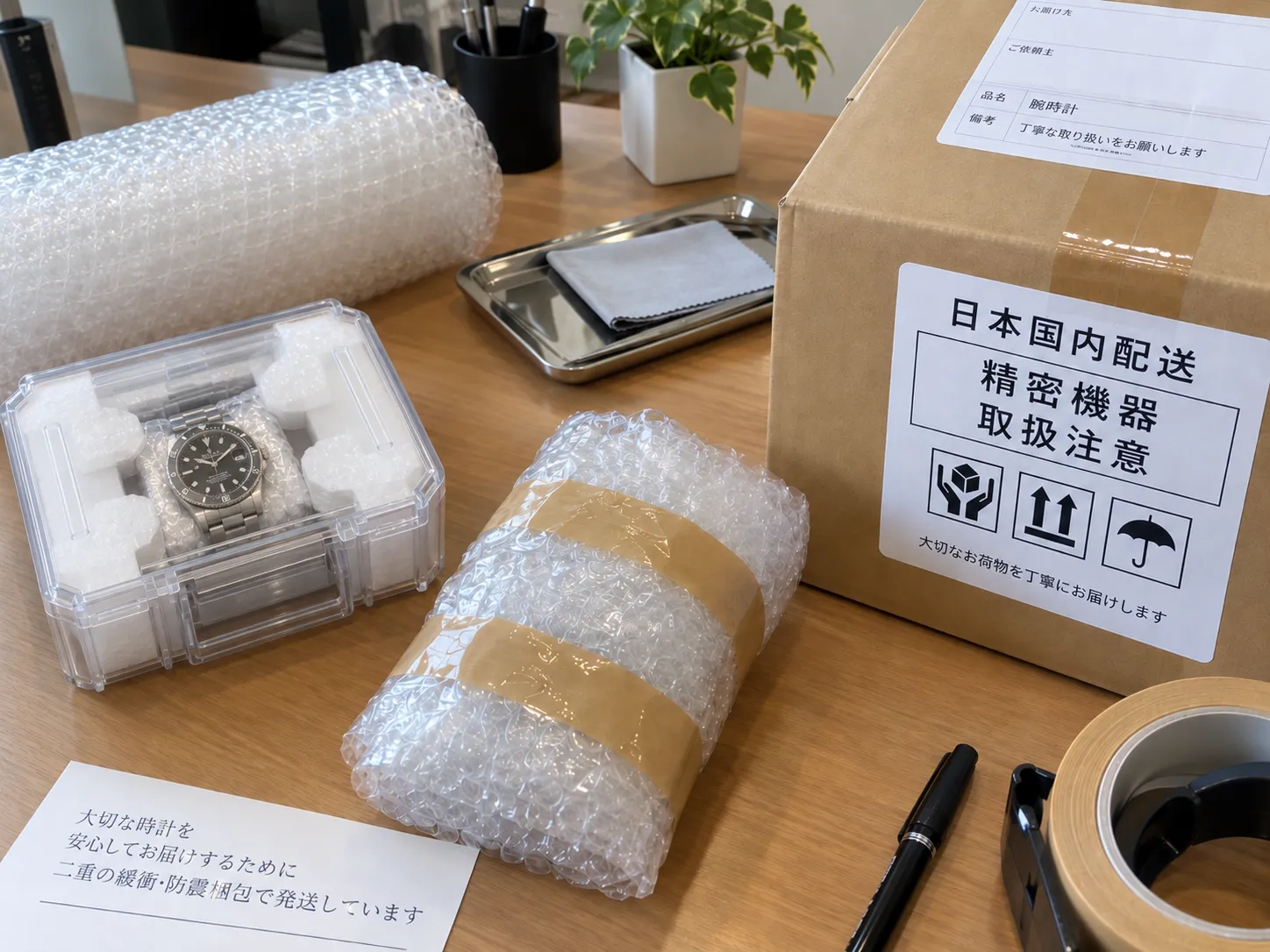 日本国内配送向けの二重緩衝材・硬質プラスチック保護ケースを用いた耐衝撃梱包