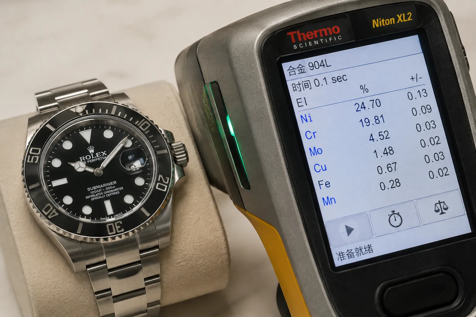Thermo Scientific Niton XL2によるARFサブマリーナ実機の904Lステンレス鋼化学成分分析画面