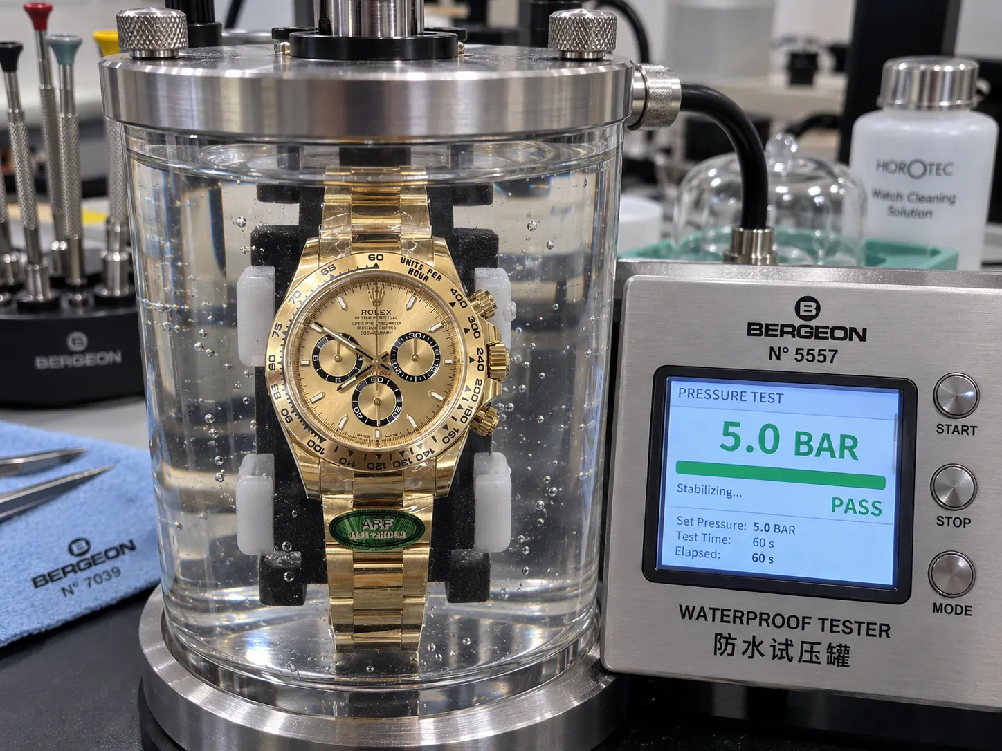Bergeon 5557防水気密テスターによるARFデイトナ実機の5.0BAR気圧テスト合格画面